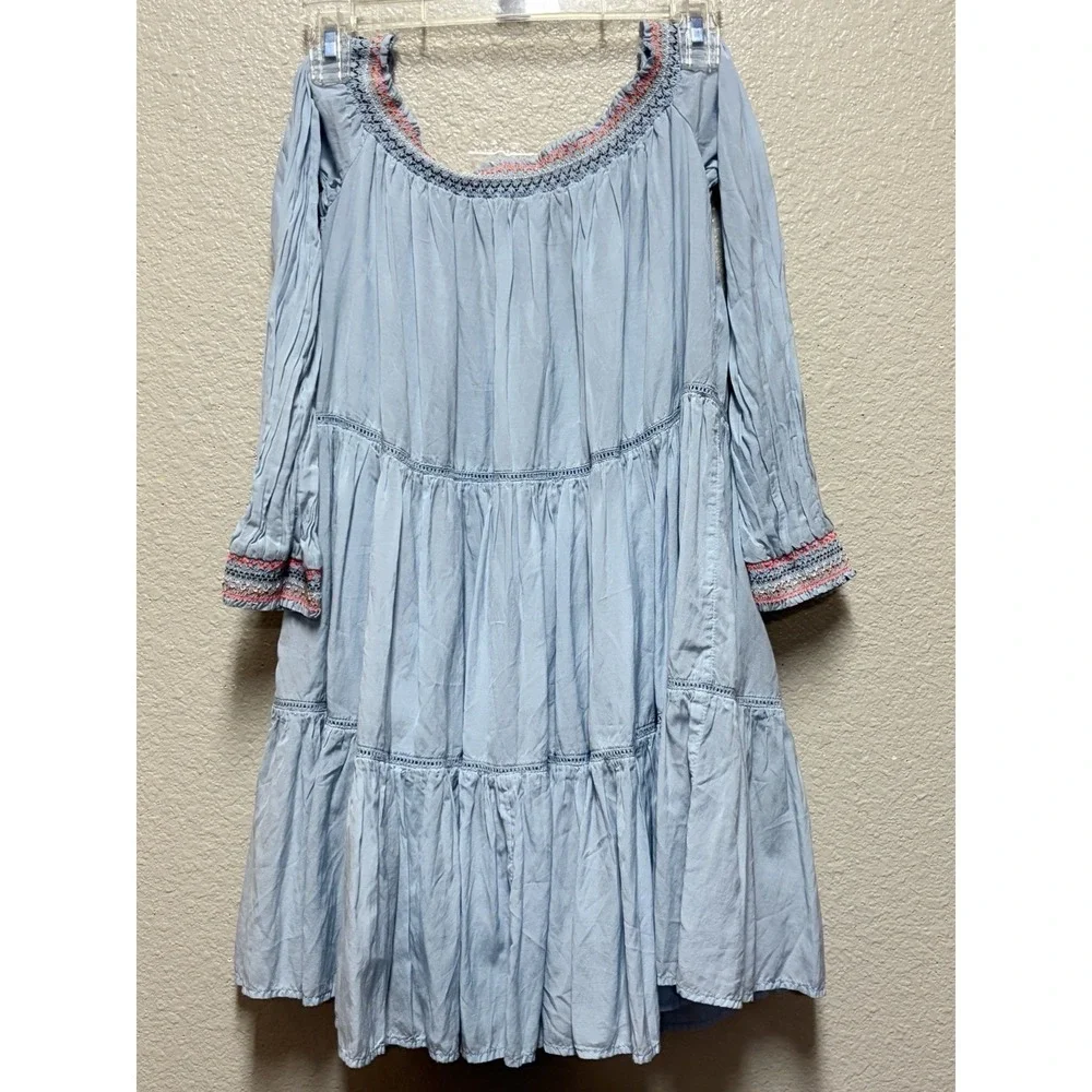 Free People Blue Woven Floral Embroidered Smocked Off Shoulder Mini Dress S